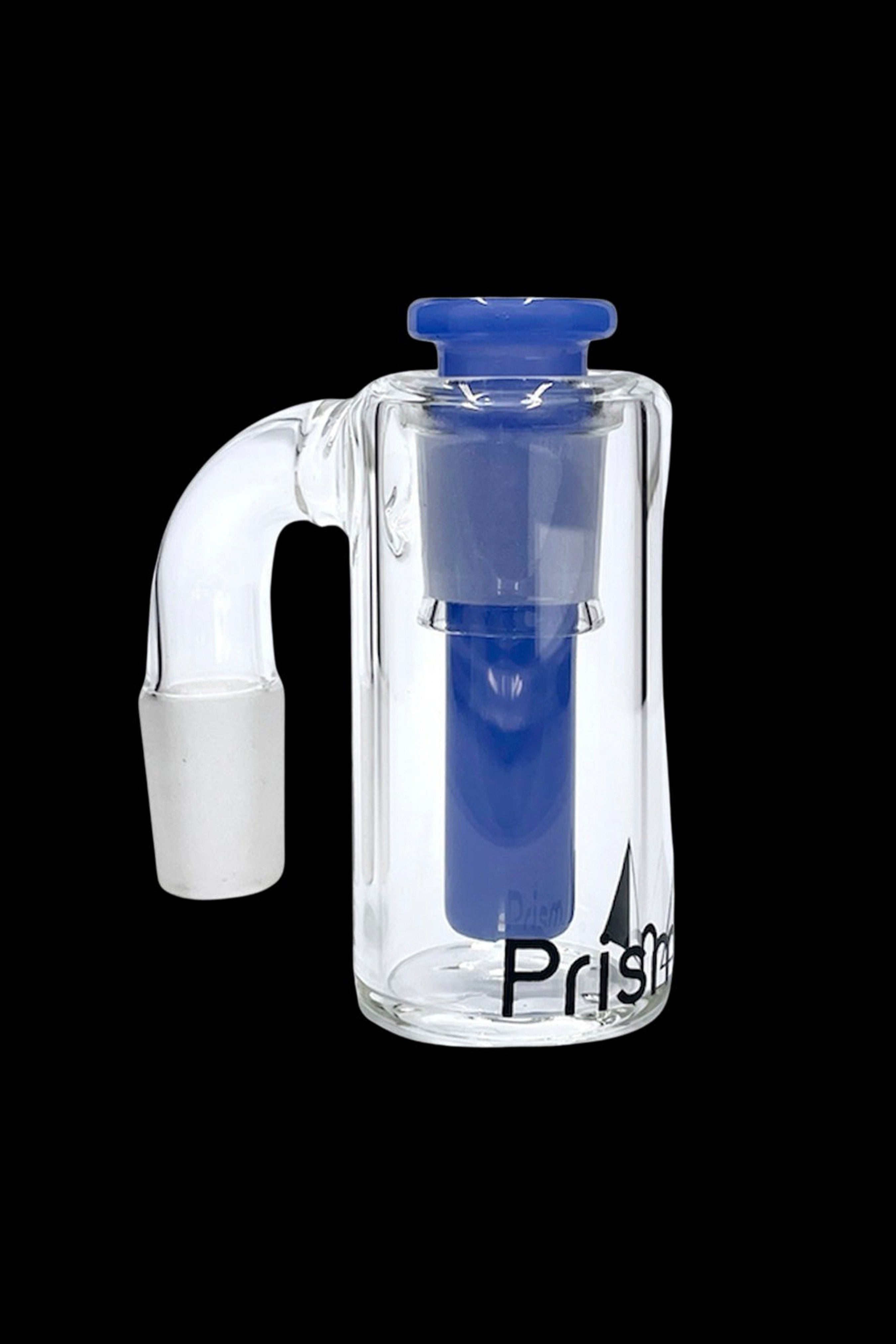 Glass bubbler water pipe with blue accents and "Prism" branding.