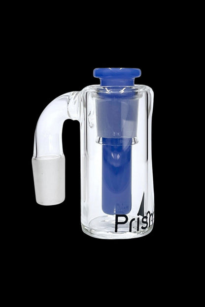 Glass bubbler water pipe with blue accents and "Prism" branding.