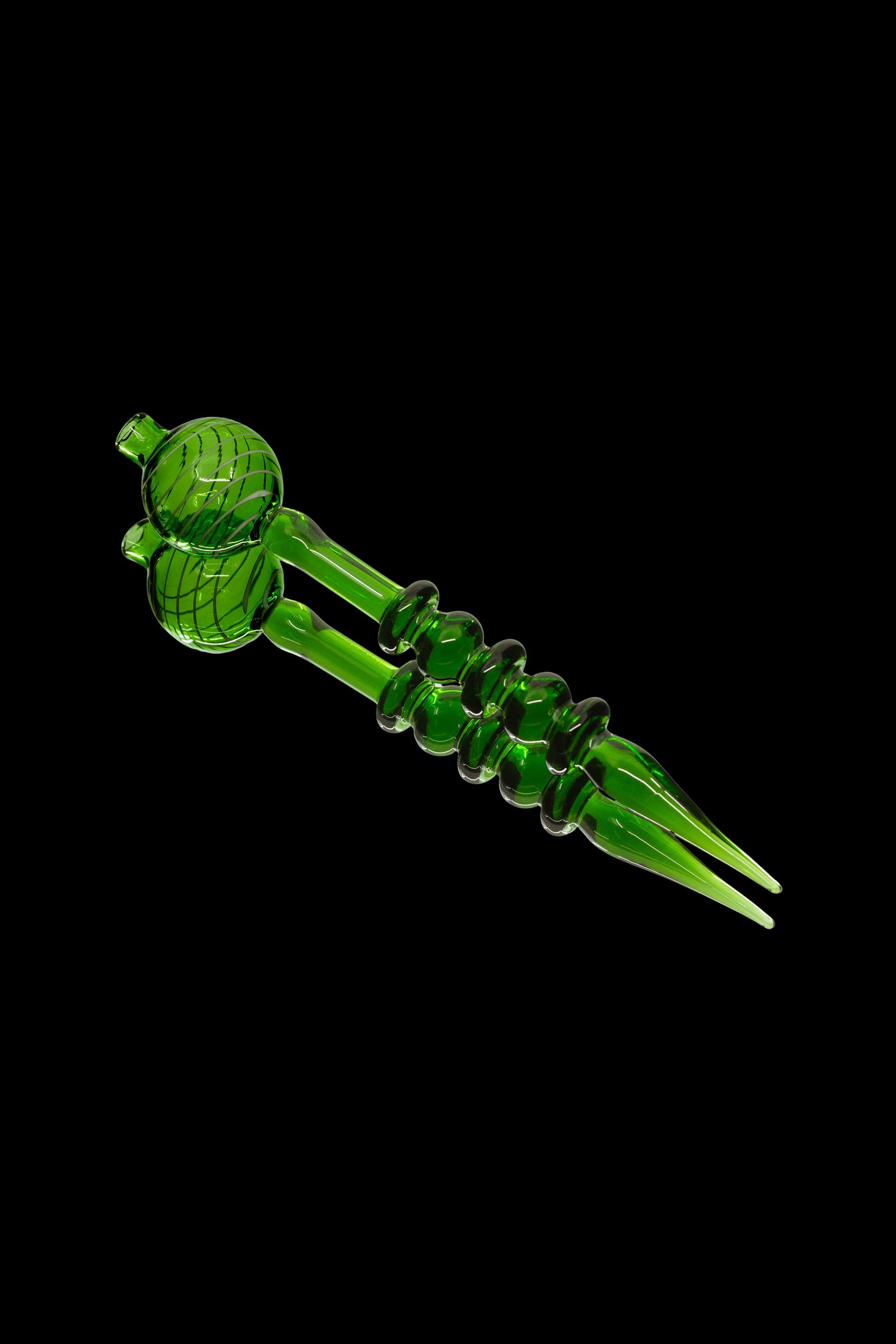 Green glass cannabis dab tool with spiral detailing.