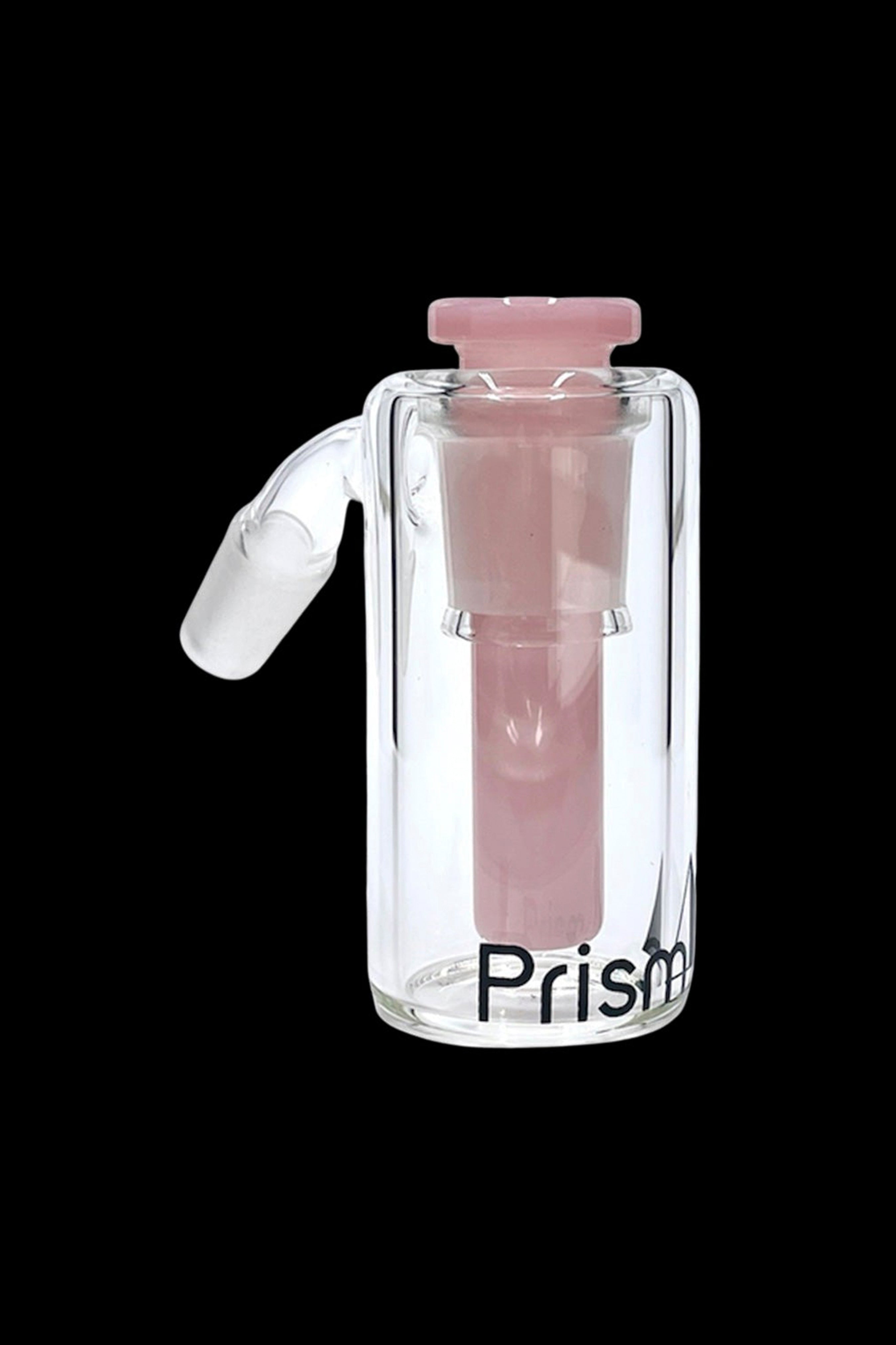 Glass cannabis oil rig with pink accents and “Prism” logo.
