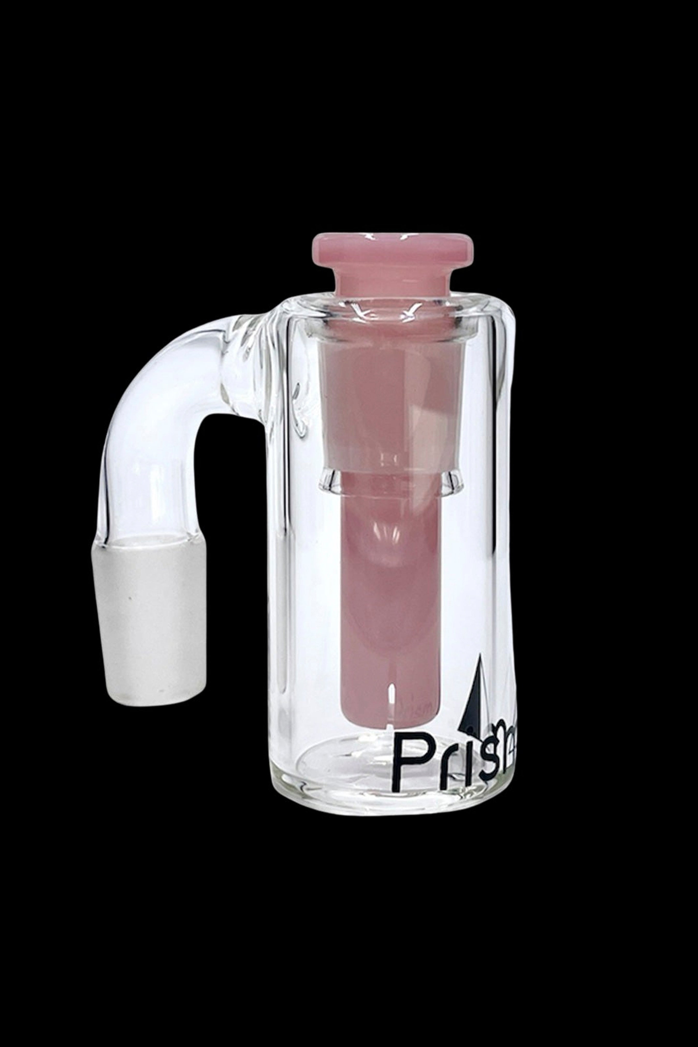 Clear glass bubbler with a red accent and "Prism" logo, used for smoking cannabis.