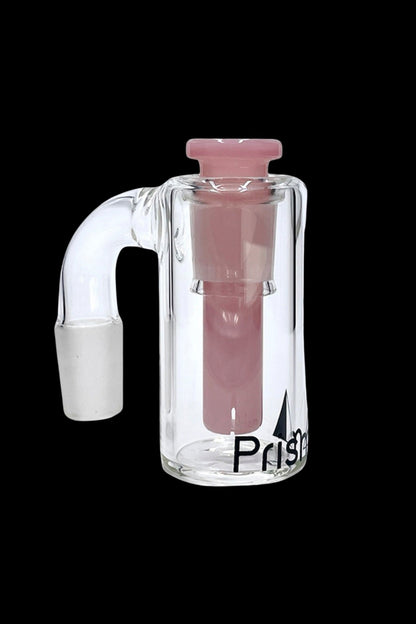 Clear glass bubbler with a red accent and "Prism" logo, used for smoking cannabis.