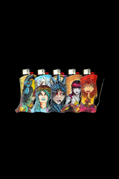 Five colorful, illustrated lighter cases depicting stylized portraits line up against a black background.