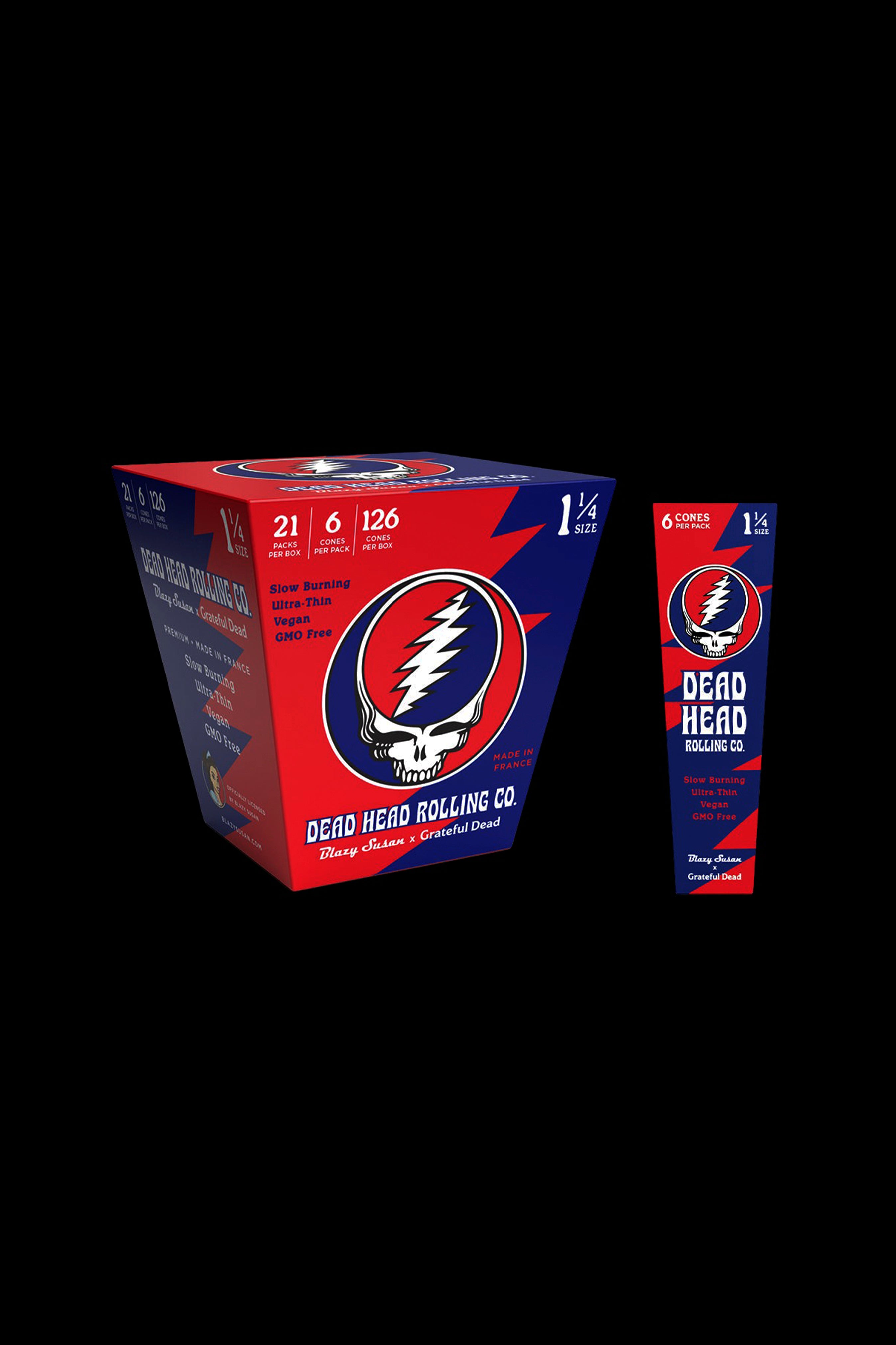 A black box of Dead Head Rolling Co. cannabis cones featuring the iconic Grateful Dead Steal Your Face skull logo, advertising 21 cones per pack and 6 packs per box.