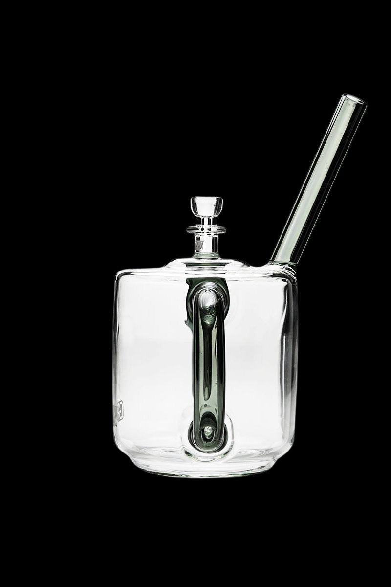 Clear glass bubbler water pipe with a removable downstem and mouthpiece.