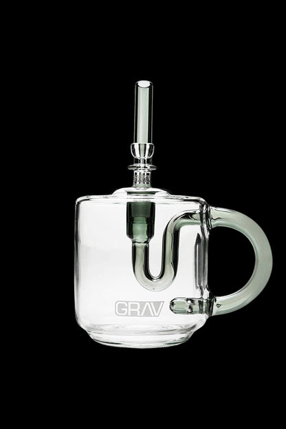 Clear glass rig with a bubbler and branded with “GRAV”.