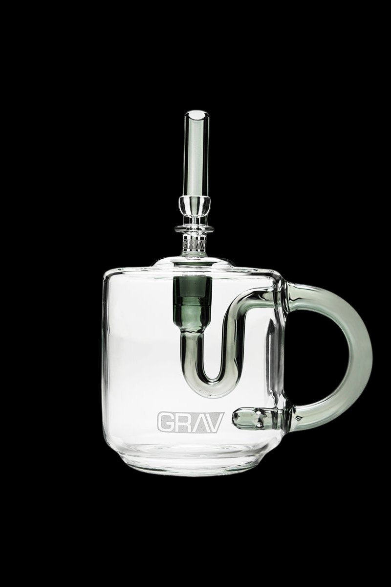 Clear glass rig with a bubbler and branded with “GRAV”.