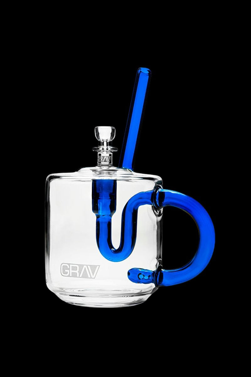 Blue and clear glass bubbler water pipe with the “GRAV” logo.