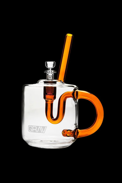 Clear glass water pipe with orange accents and “GRAV” logo.
