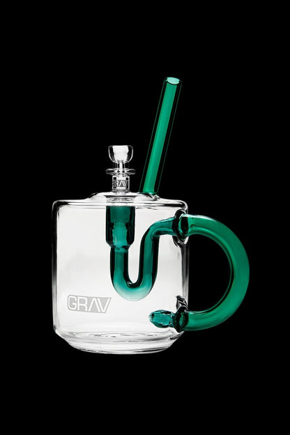 Green and clear glass bubbler water pipe with the brand name "GRAV" displayed.