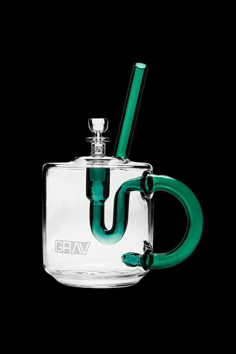 Green and clear glass bubbler water pipe with the brand name "GRAV" displayed.