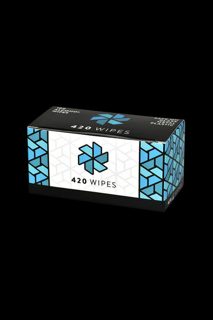 Close-up of a white box with a geometric blue and teal pattern, labeled "420 Wipes".