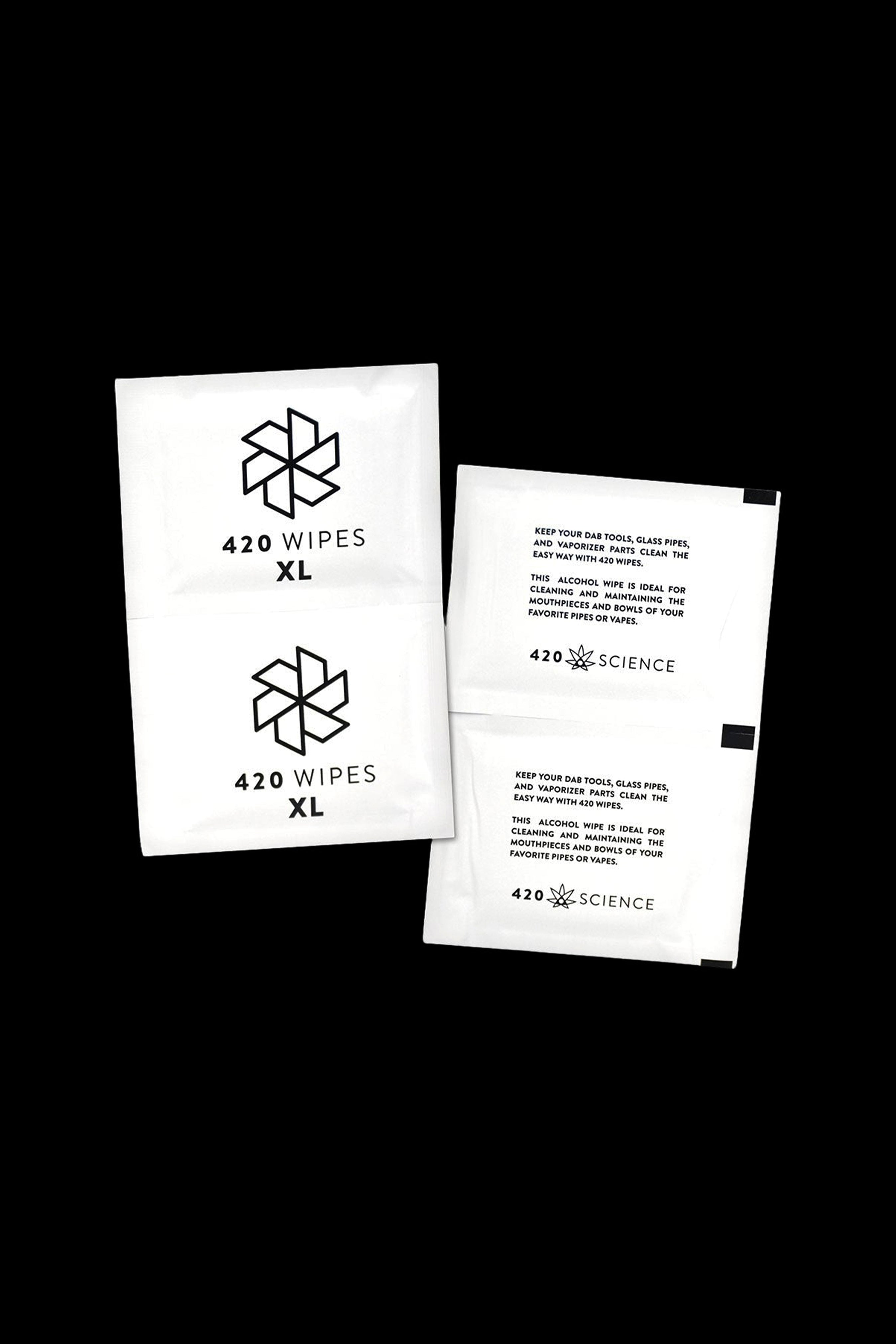 A package of “420 Science” XL cleaning wipes for cannabis pipes and accessories, featuring a white and green design.