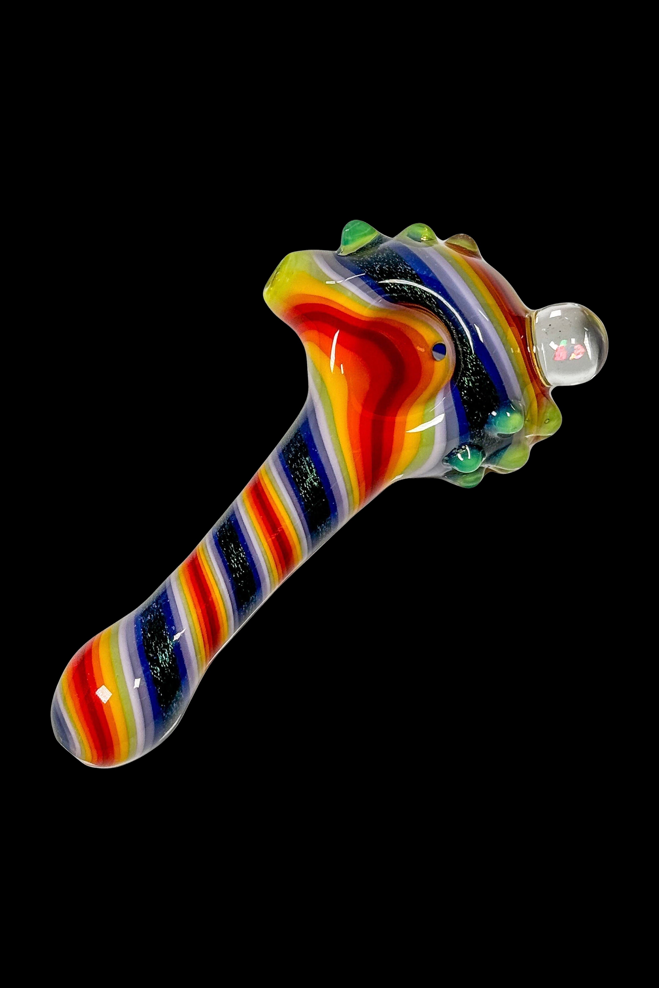 Colorful glass pipe with swirling rainbow stripes and a speckled mouthpiece.