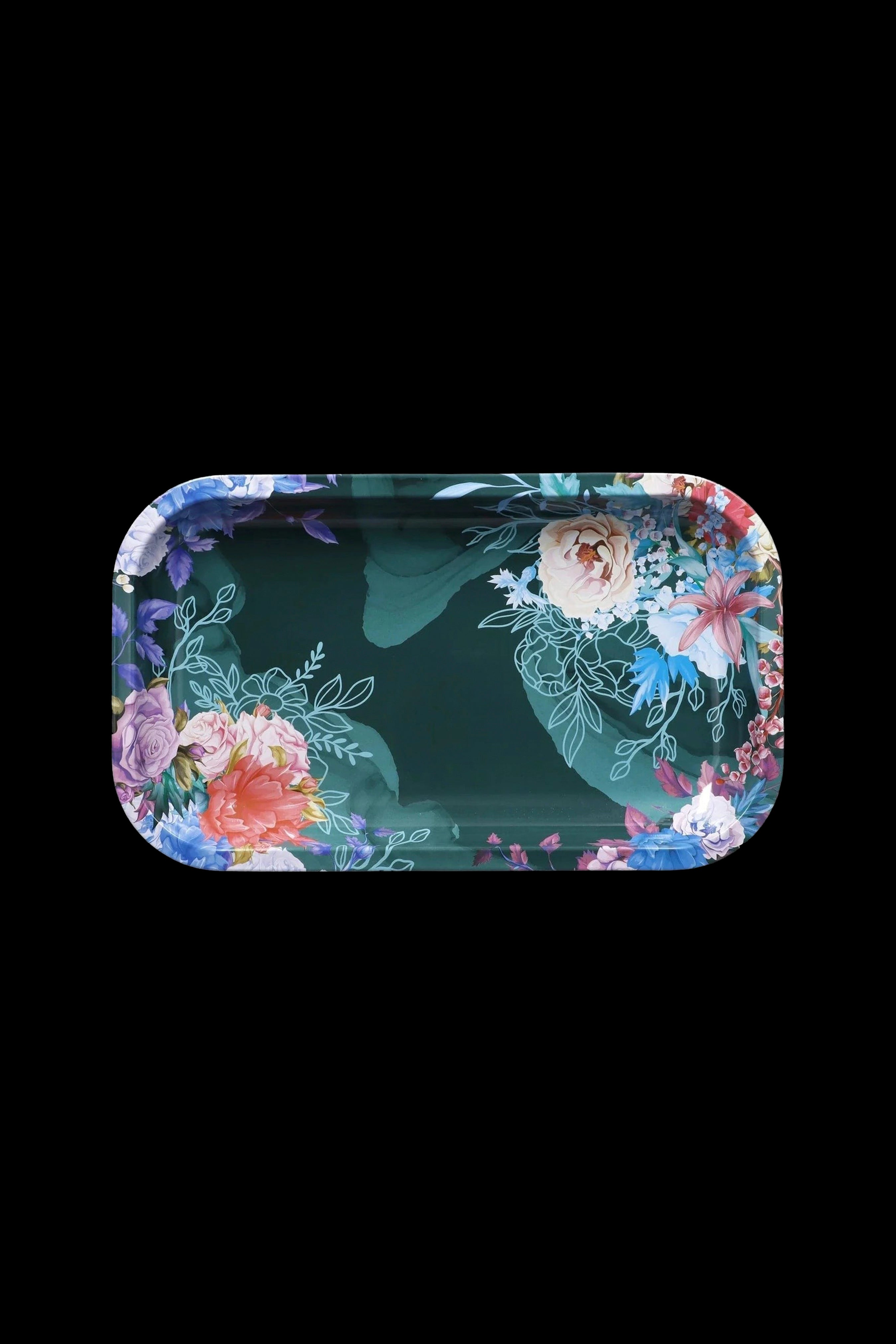 Floral rolling tray with dark green background.