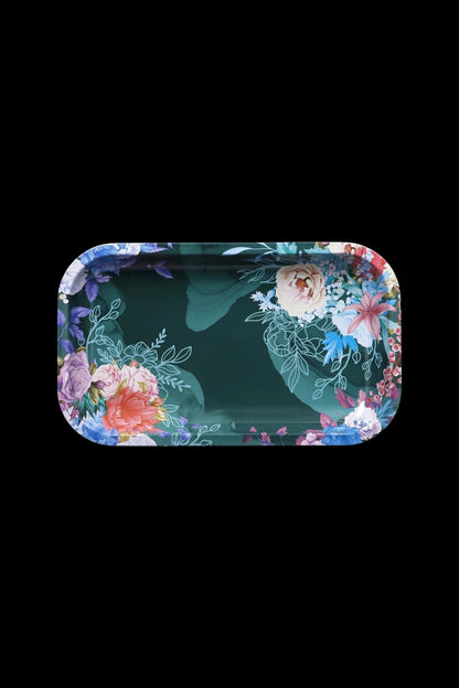 Floral rolling tray with dark green background.