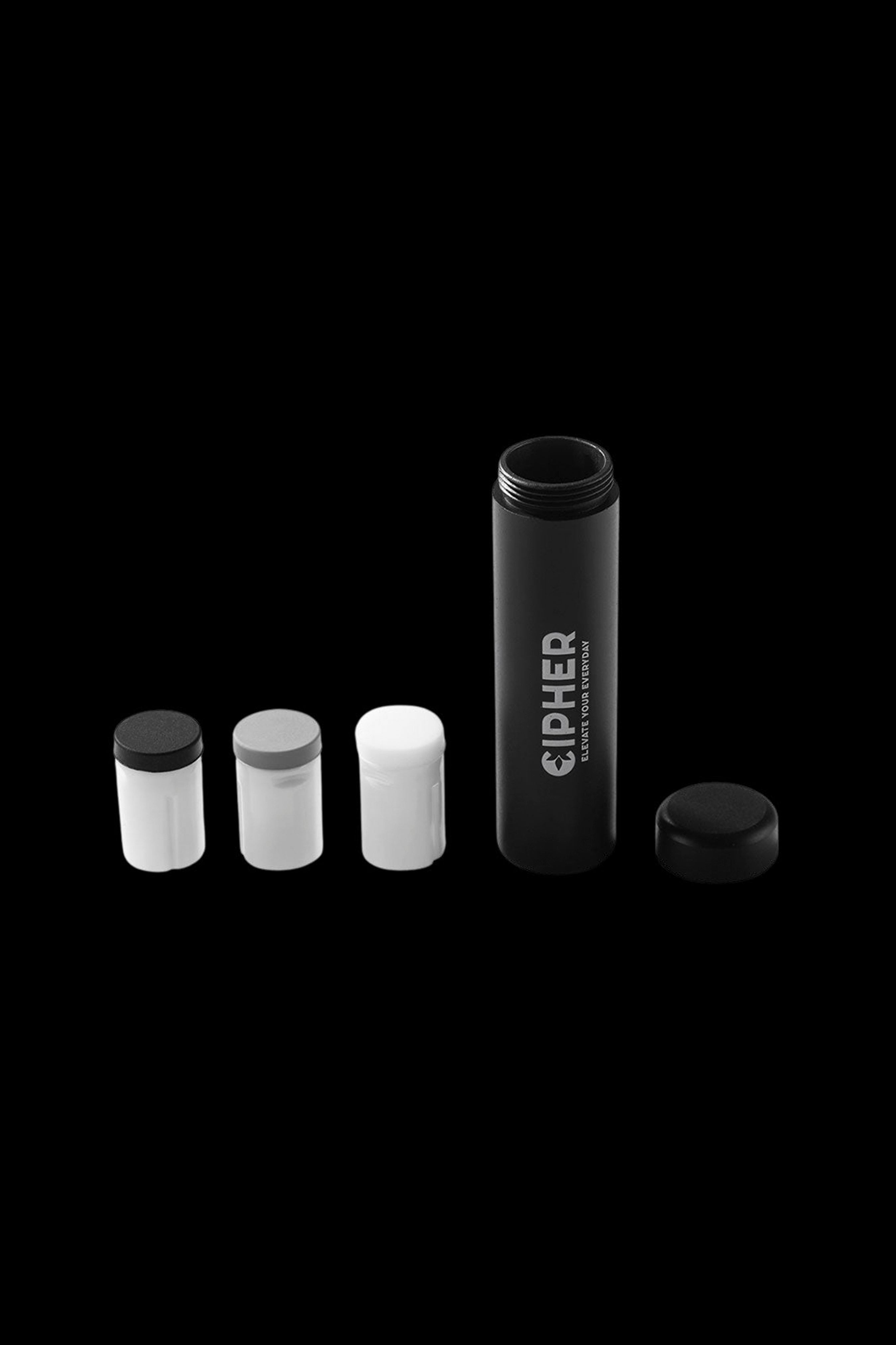 Black cannabis oil vaporizer kit with three empty cartridges and a charging case.