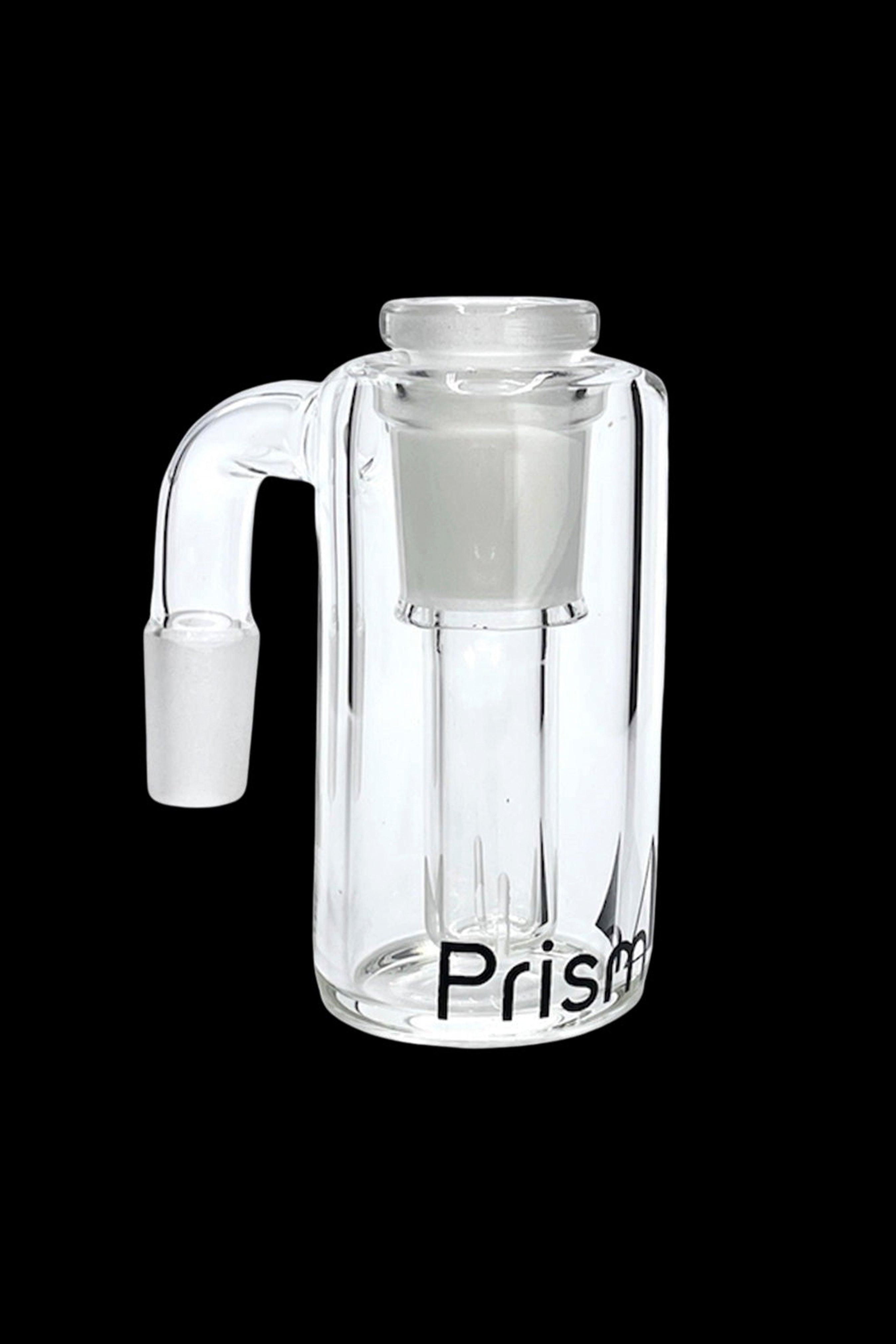 Clear glass bubbler with “Prism” logo, used for smoking.