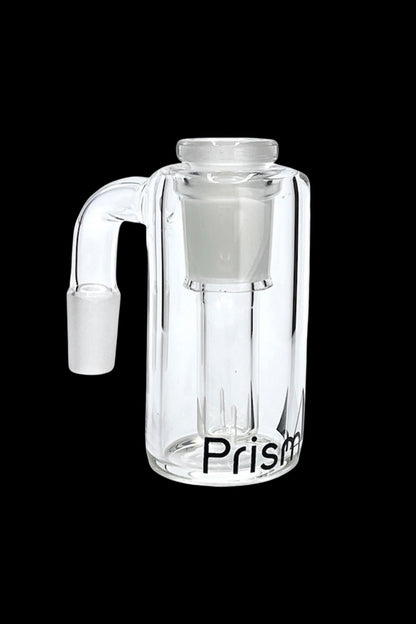 Clear glass bubbler with “Prism” logo, used for smoking.