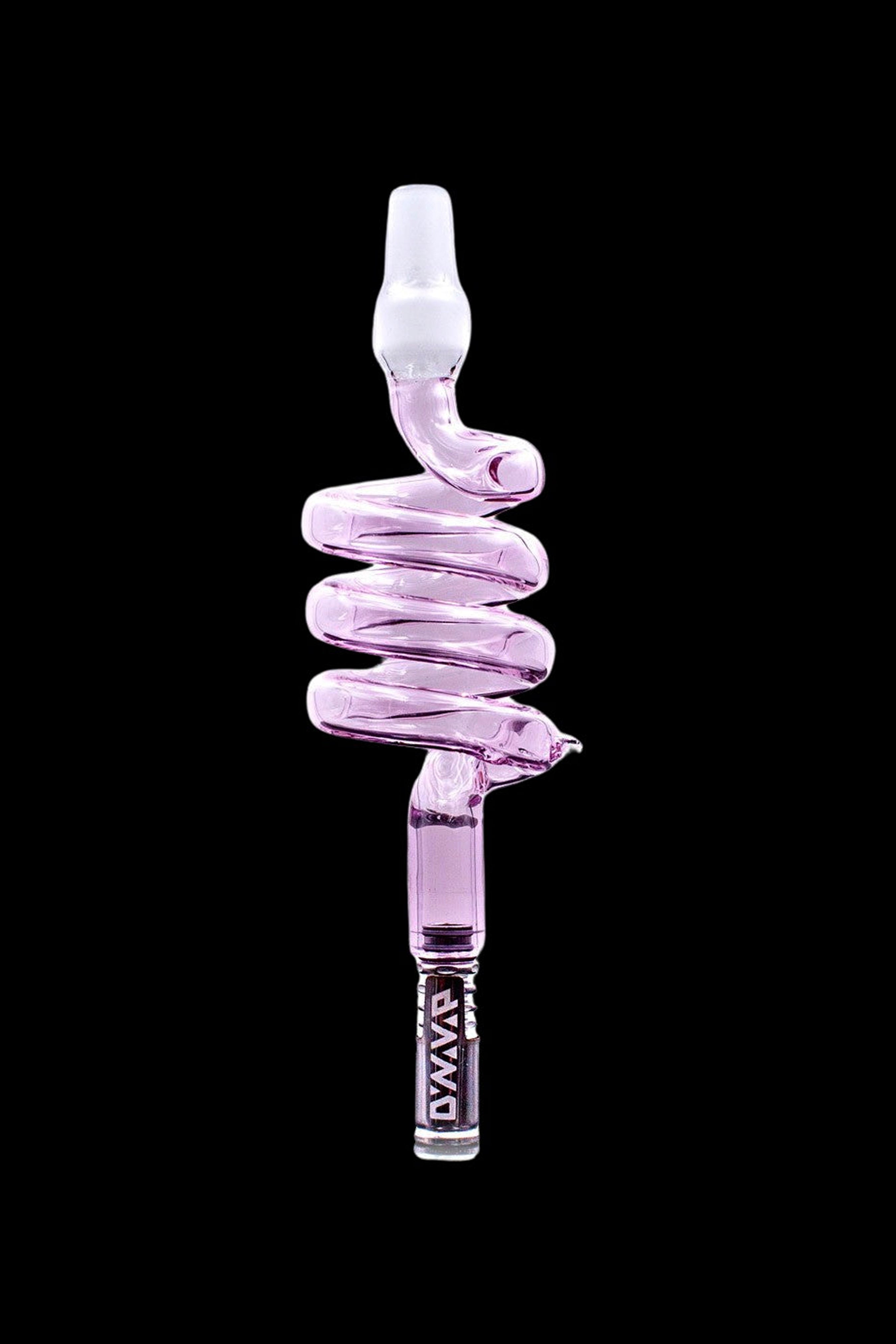 Pink glass cannabis oil rig with a spiral percolator.