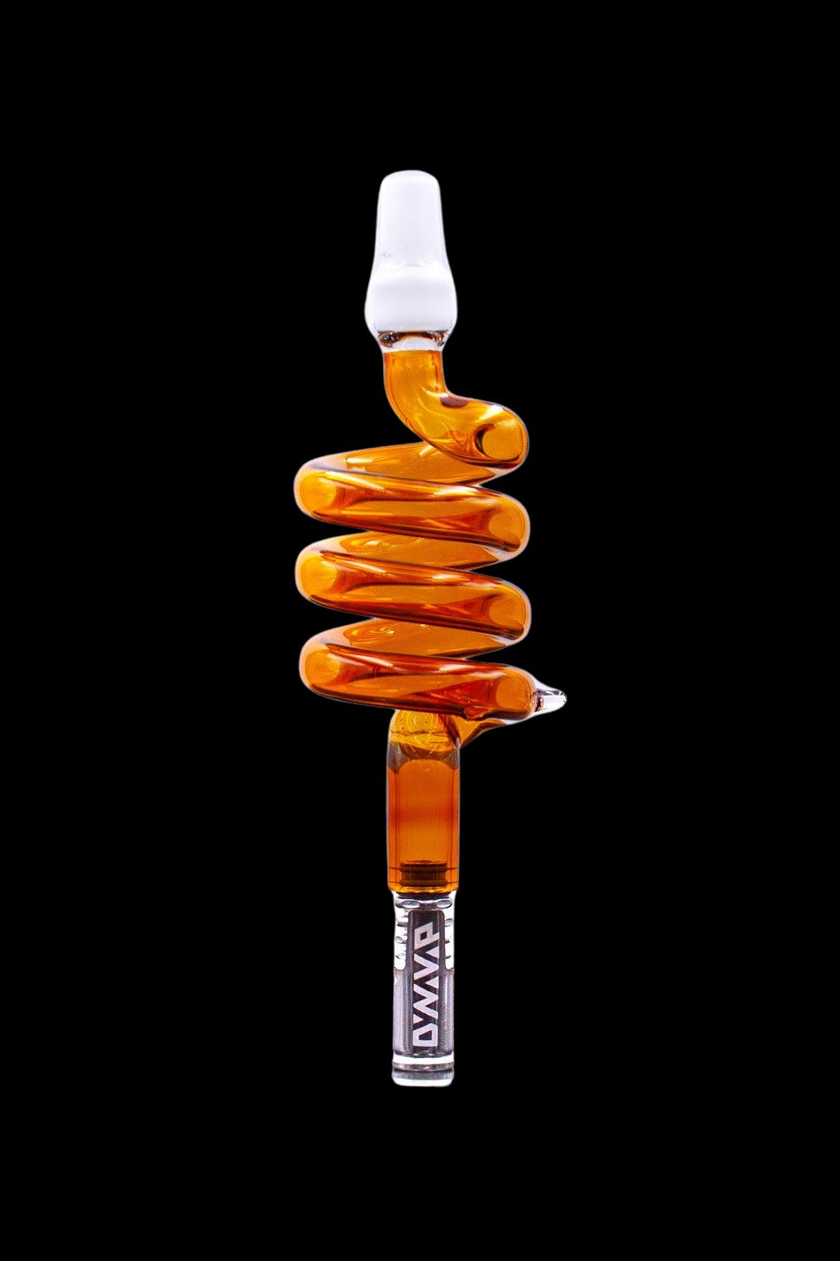 Orange glass dab rig with a spiral design and metal accent.