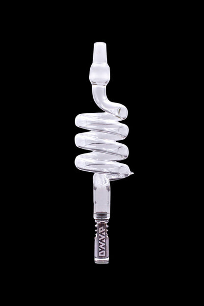 Clear glass cannabis oil burner pipe shaped like a coiled snake.