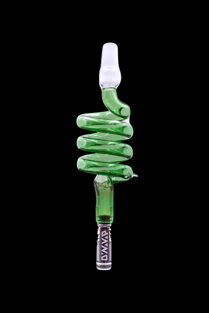 Green glass cannabis oil burner pipe with a coiled design and white mouthpiece.