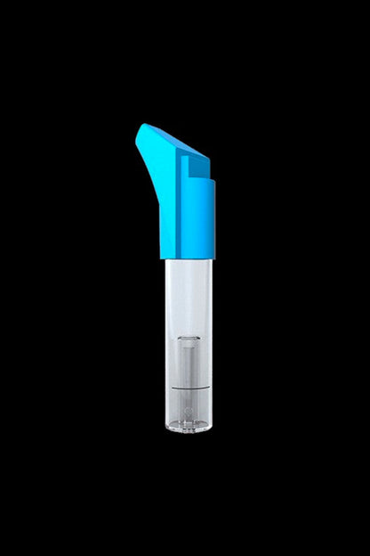 Clear cannabis oil vaporizer pen with a blue mouthpiece, isolated on a black background.