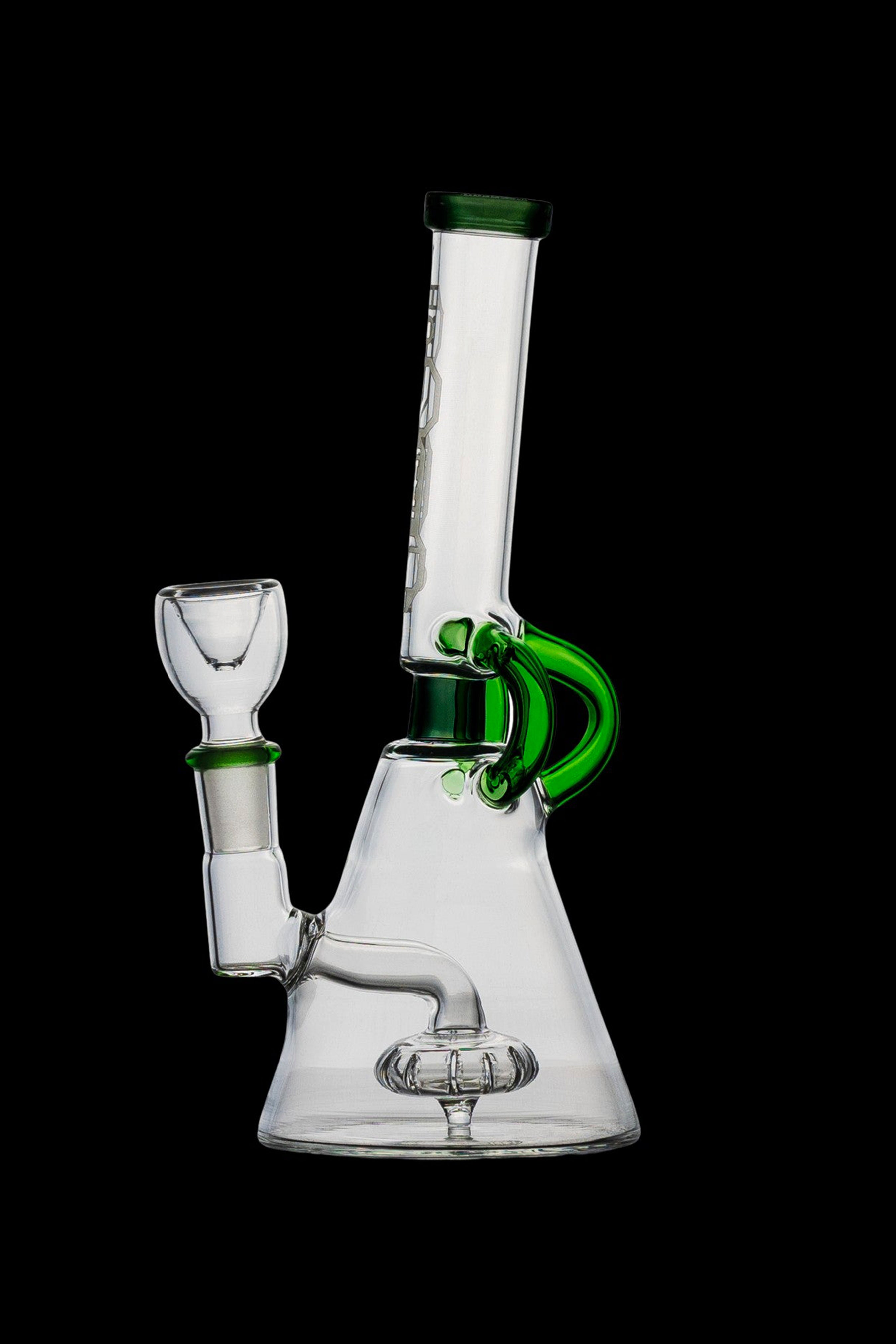 Clear glass bong with green accents, featuring a beaker shape and intricate percolator.