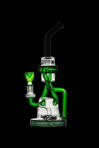 Green and white glass dab rig against a black background.