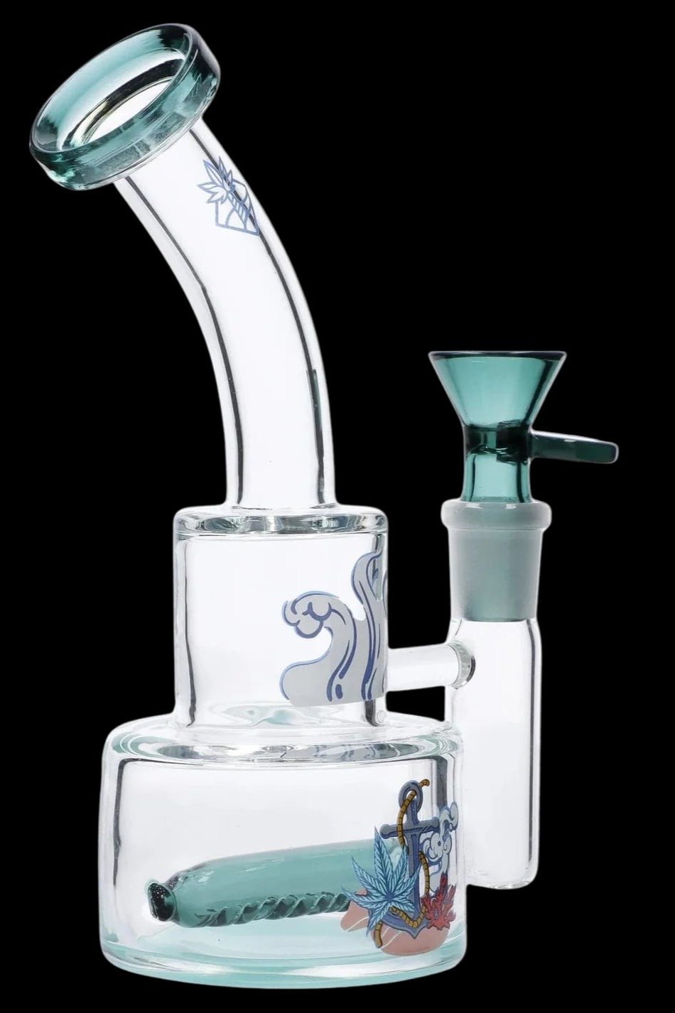 Three-quarter view of the Cabana Cannabis Co. Ahoy Dab Rig - Teal showing a curved mouthpiece, teal bowl and internal teal downstem with nautical-themed decals on a black background