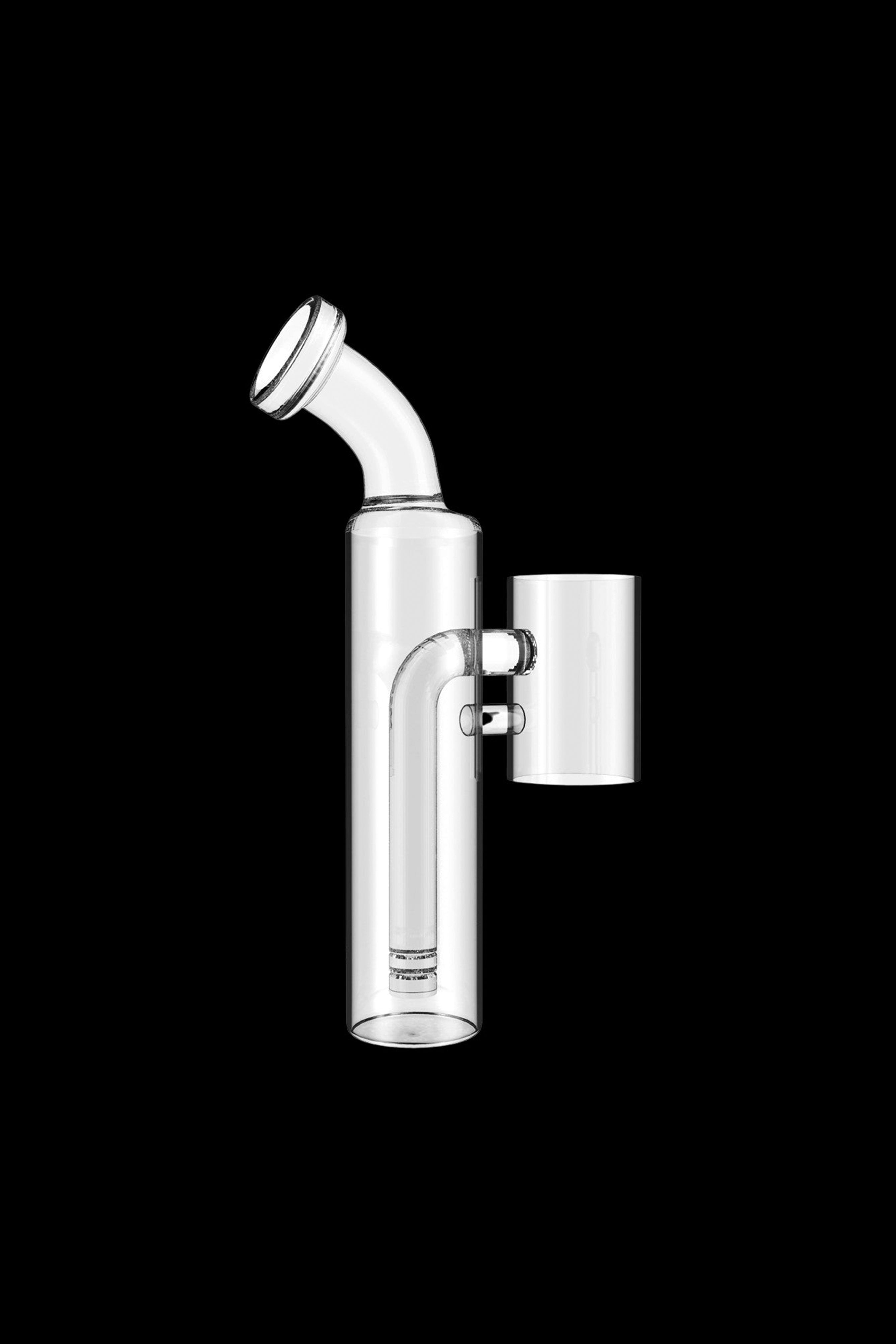 Clear glass bubbler with detachable downstem and mouthpiece, isolated on a black background.