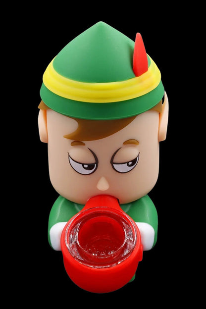 Cartoonish ceramic pipe shaped like a whimsical character with a red bowl.