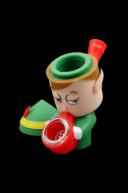 Cartoon-style green and red glass pipe resembling a whimsical character's head.