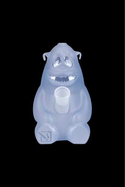 Frosted glass water pipe shaped like a cartoon monster with a wide-mouth opening.