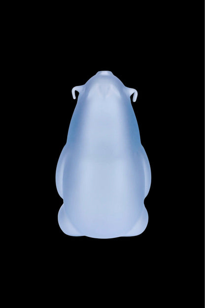 Blue glass water pipe with two handles.