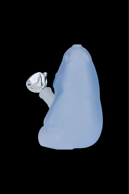 Blue glass water pipe with a clear bowl piece.