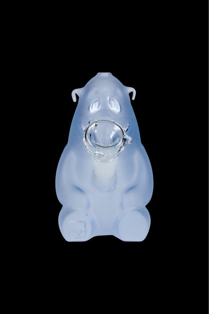 Light blue glass bubbler shaped like a bear with a bowl piece attached.