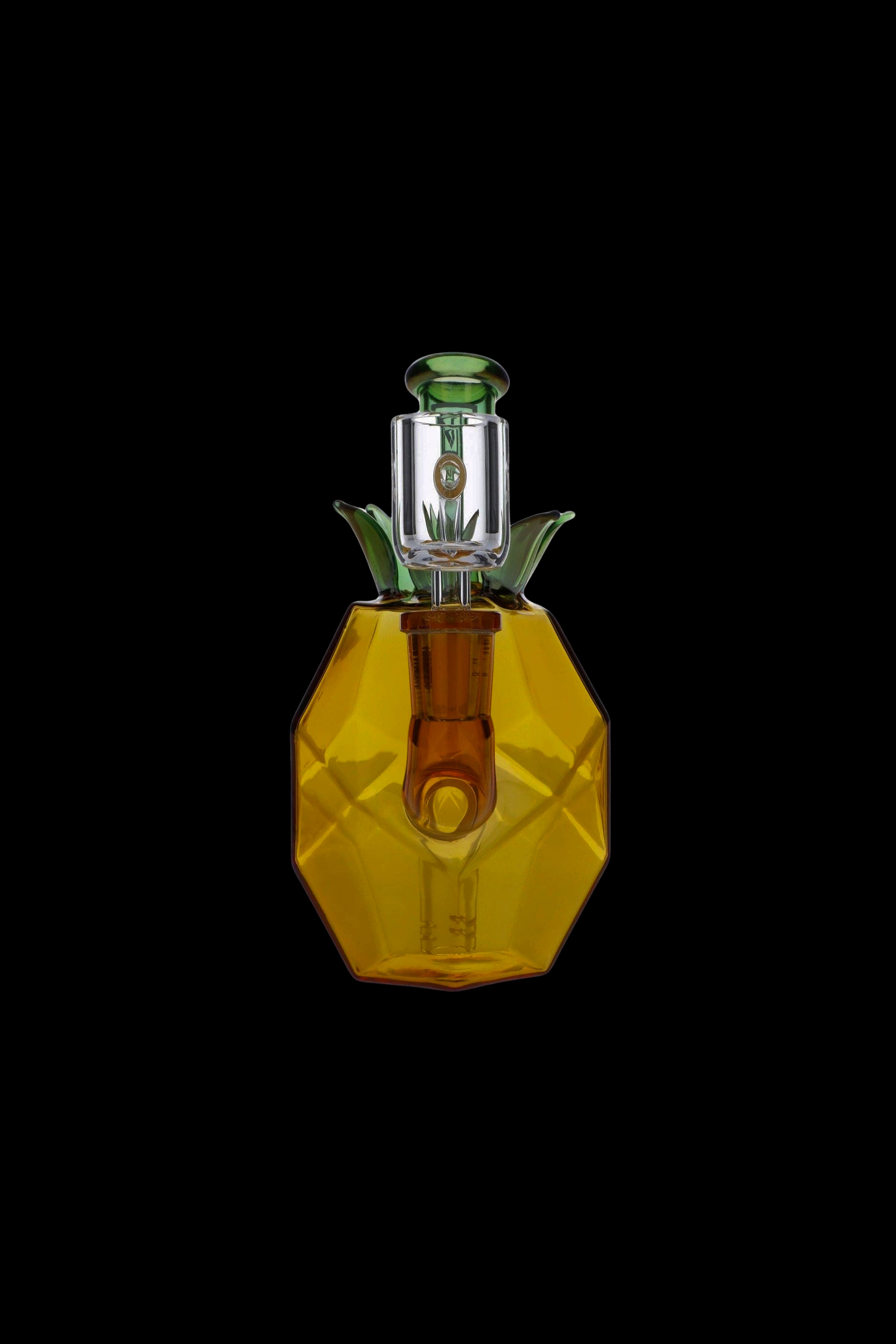 Golden cannabis oil rig with green accents, isolated on a black background.
