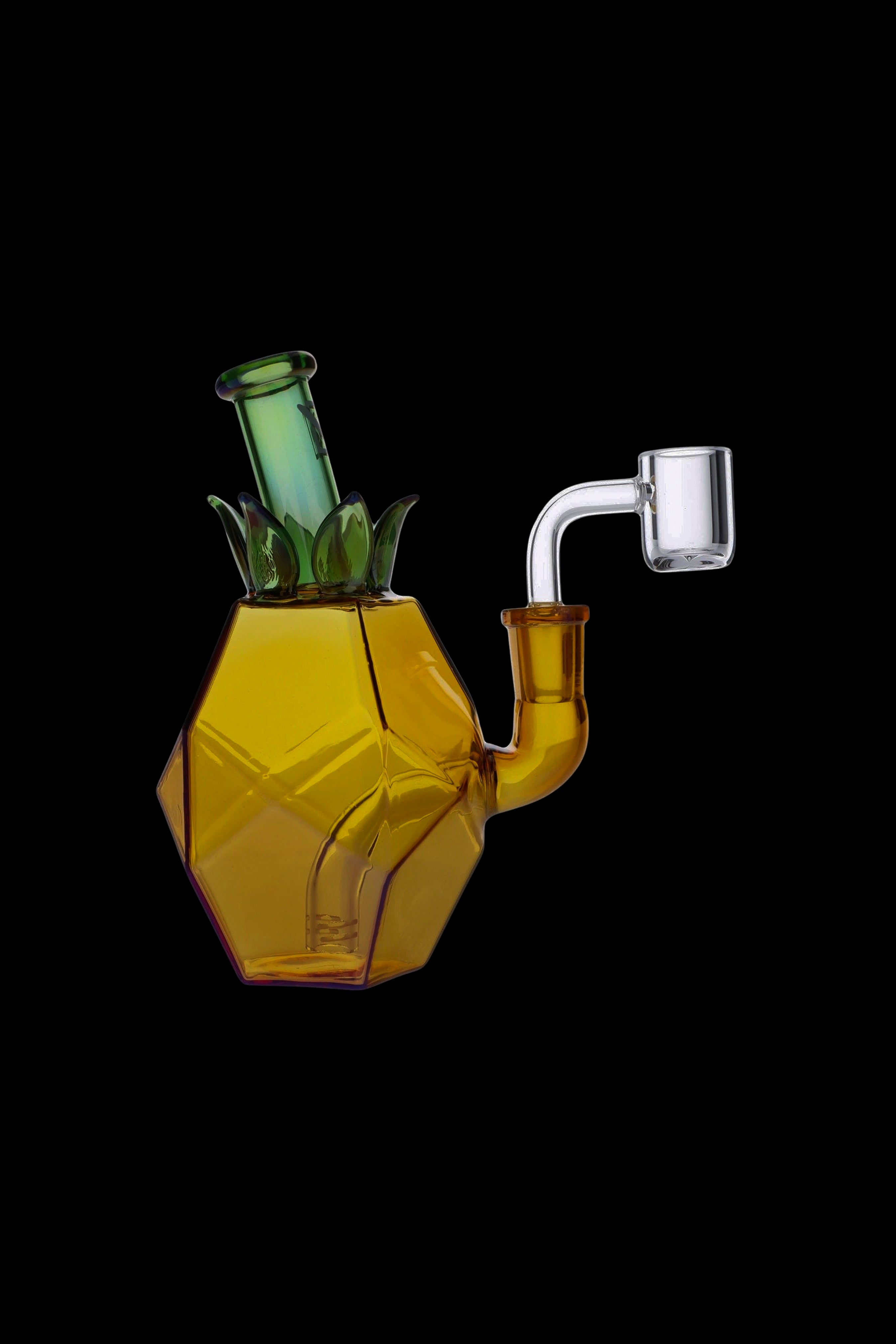 Yellow glass dab rig shaped like a pineapple with a green top and clear glass bowl.