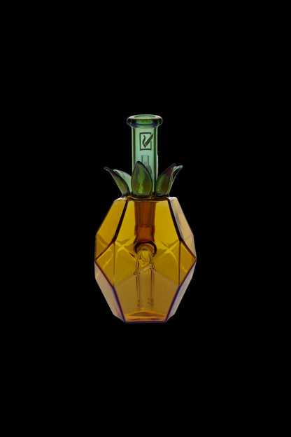 Iridescent glass water pipe shaped like a pineapple against a black background.