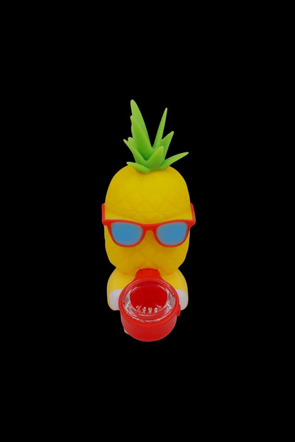 Pineapple-shaped silicone dab rig with red sunglasses and a red glass insert.
