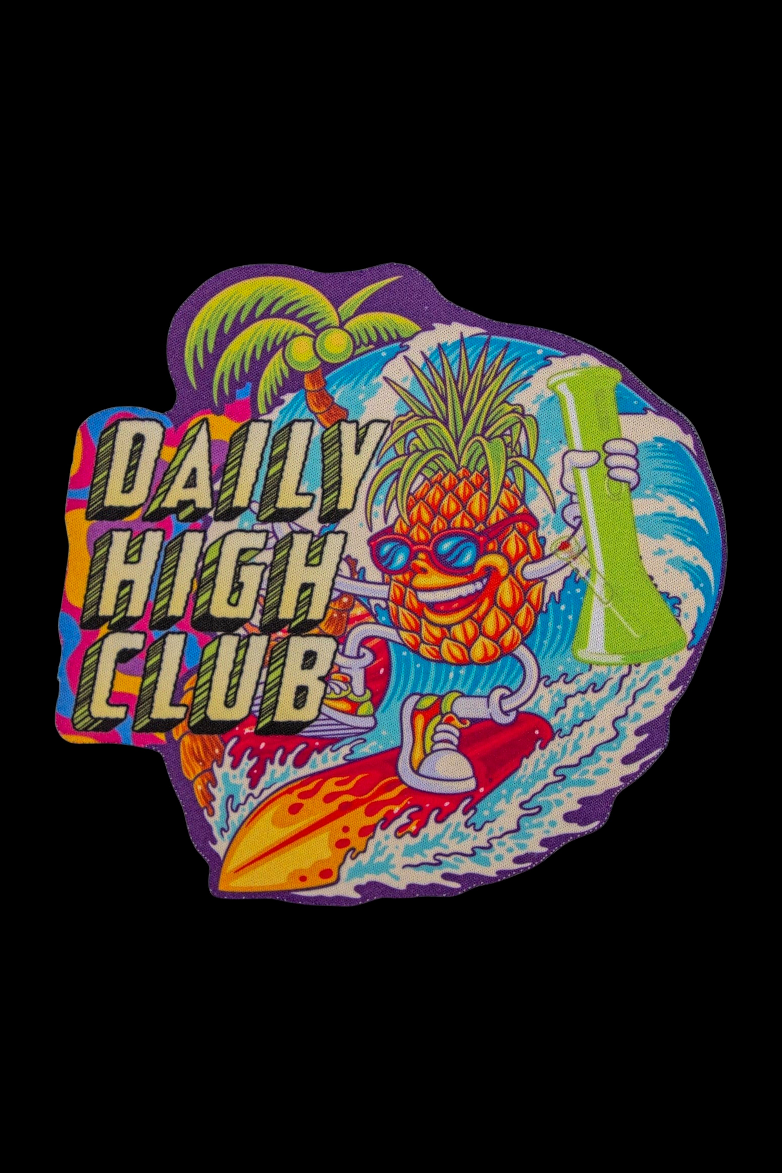 A vibrant patch depicts a pineapple surfing a wave with “Daily High Club” text above, evoking a surf/cannabis culture aesthetic.