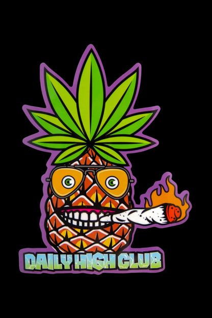 A colorful cartoon skull wearing sunglasses with a cannabis leaf as a headpiece, smoking from a pipe, and the text "DAILY HIGH CLUB" below.
