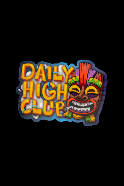 A vibrant, sticker-style graphic featuring the text “Daily High Club” in layered, colorful lettering alongside a tiki mask with a mischievous grin and cannabis leaf accents.