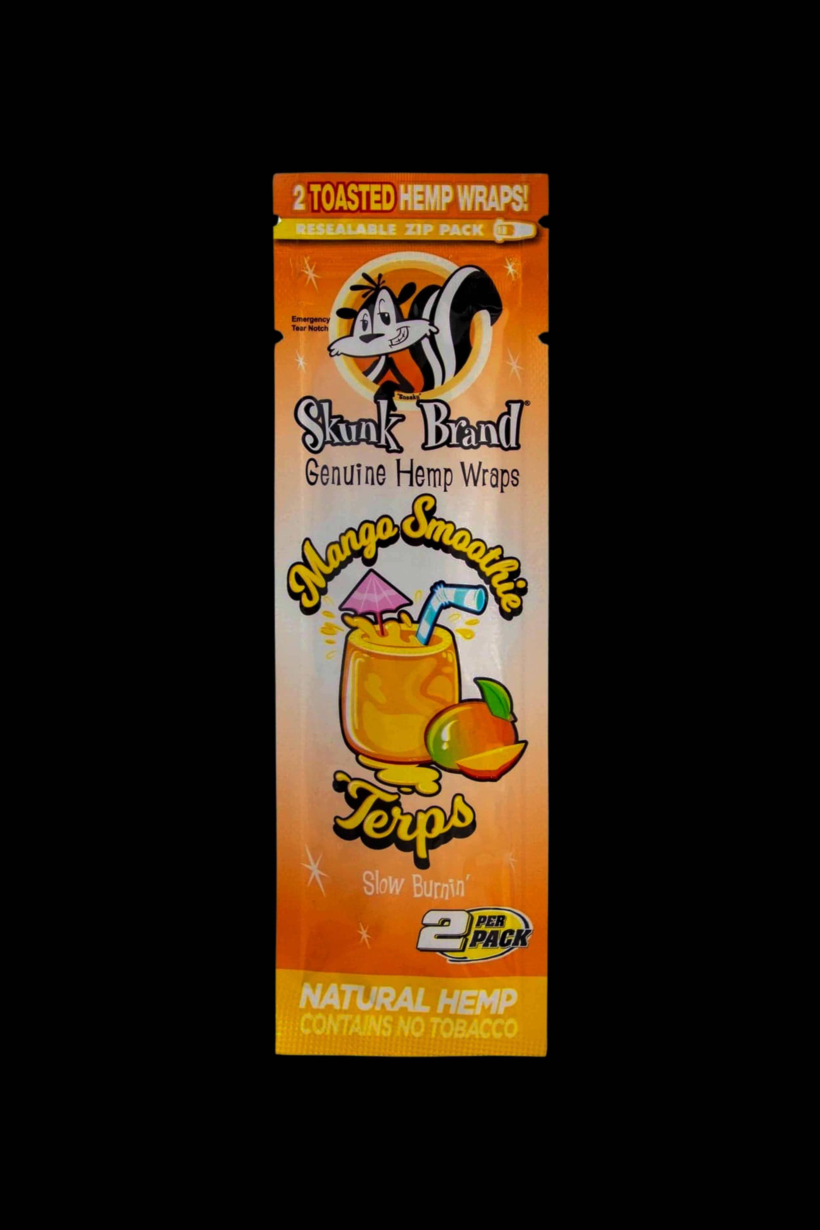Package of Skunk Brand "Mango Smoothie" hemp wraps with a cartoon skunk and a glass of mango smoothie depicted on the front. 