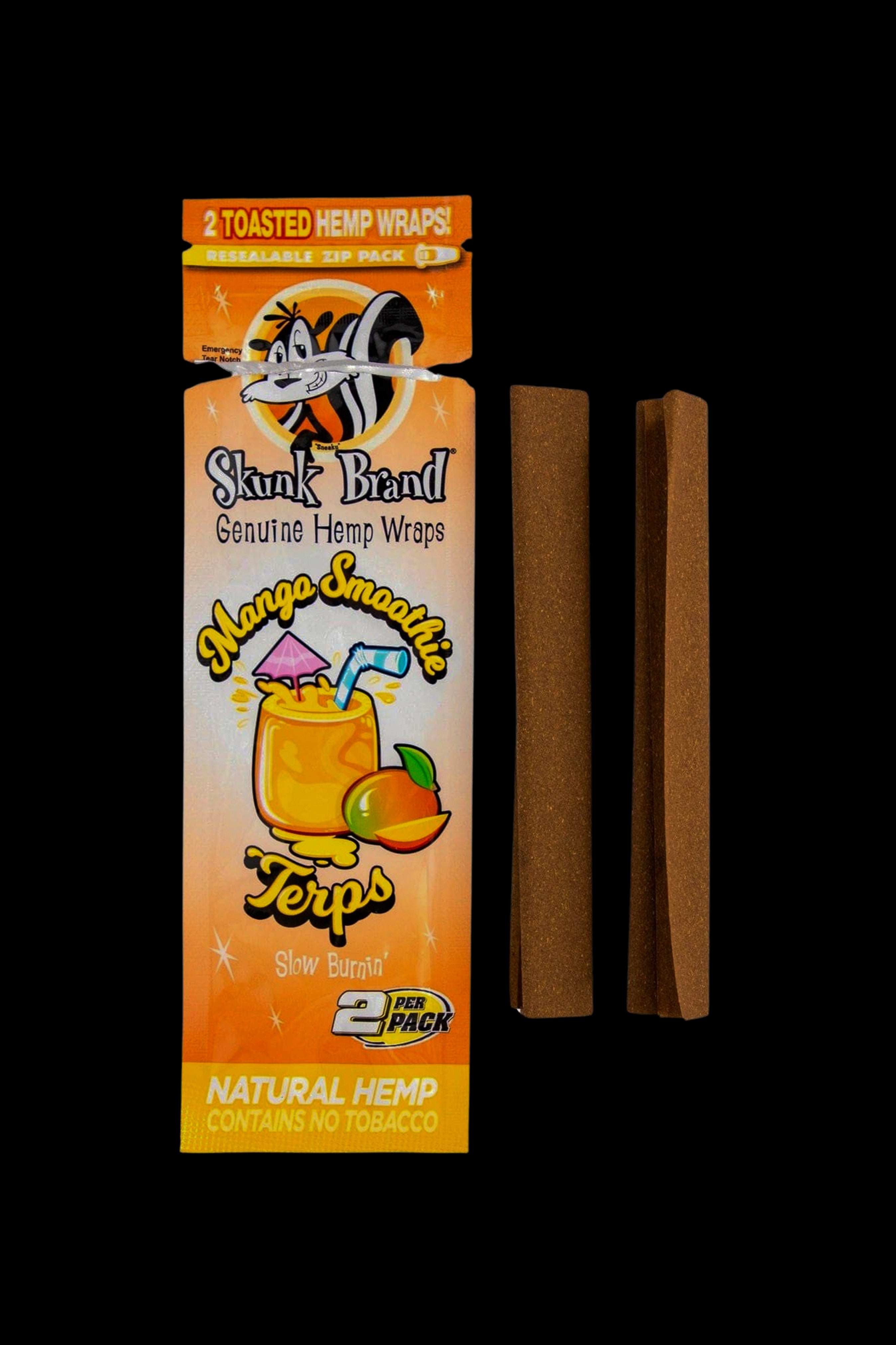 Package of Skunk Brand Mango Smoothie flavored hemp wraps with two wraps visible beside it.
