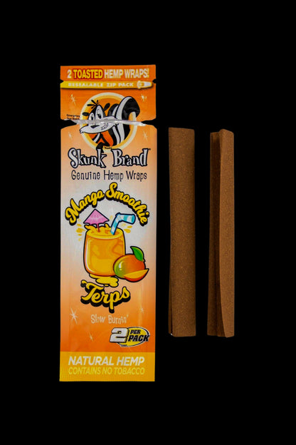 Package of Skunk Brand Mango Smoothie flavored hemp wraps with two wraps visible beside it.