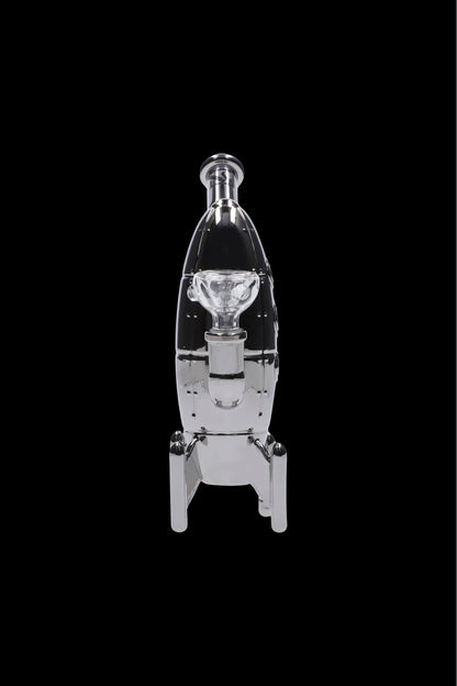 Clear glass dab rig with intricate bubbler design on black background.