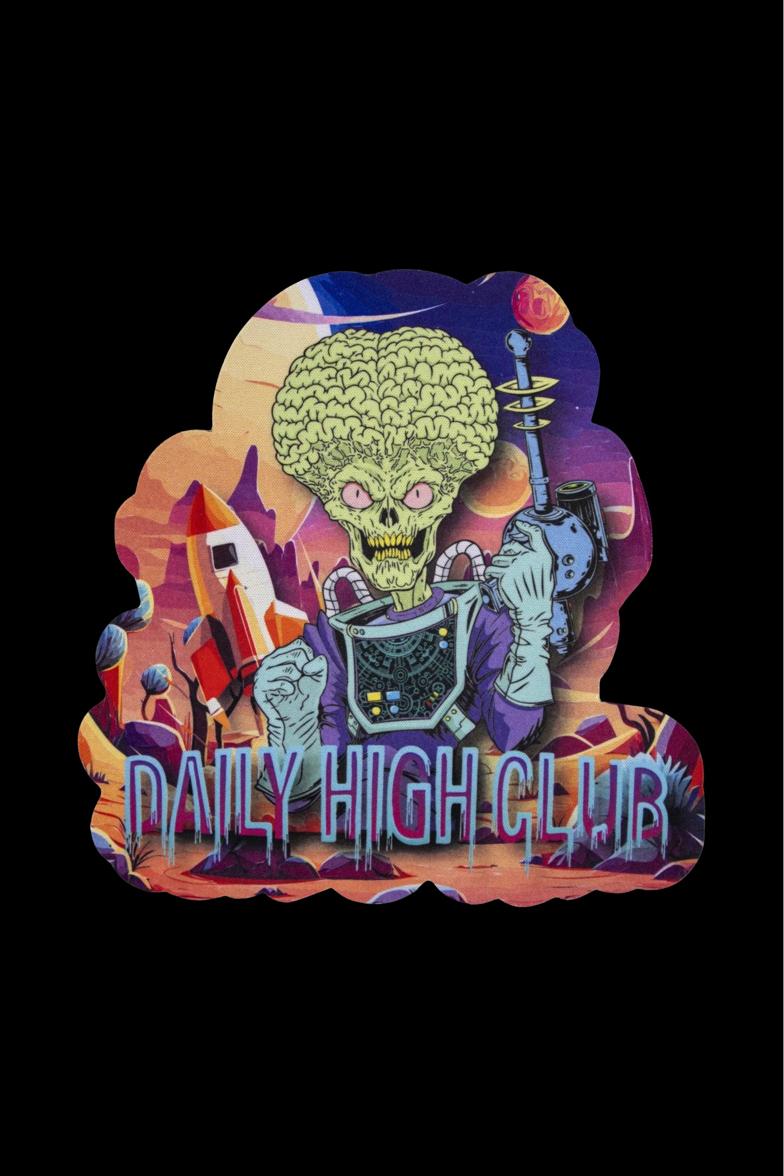 Retro-style sticker featuring a glowing green alien skeleton in a spacesuit holding a cannabis pipe, with the text “DAILY HIGH CLUB” in bold, fiery lettering below. 